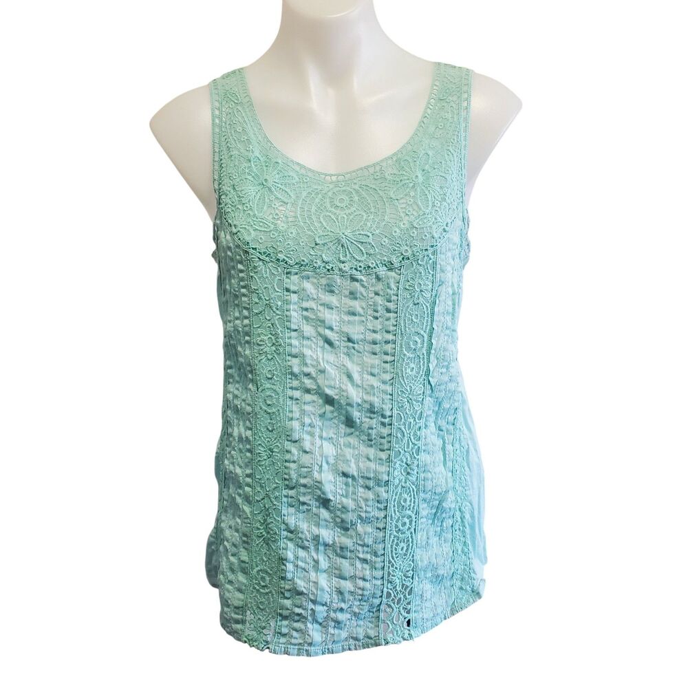 Sundance Light Blue Crochet Lace Pleated Cotton Tank Top Boho Cottagecore Med